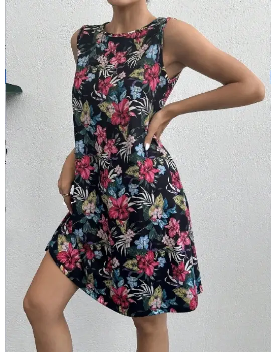 Kadın Renkli çiçek Baskılı Süprem Elbise