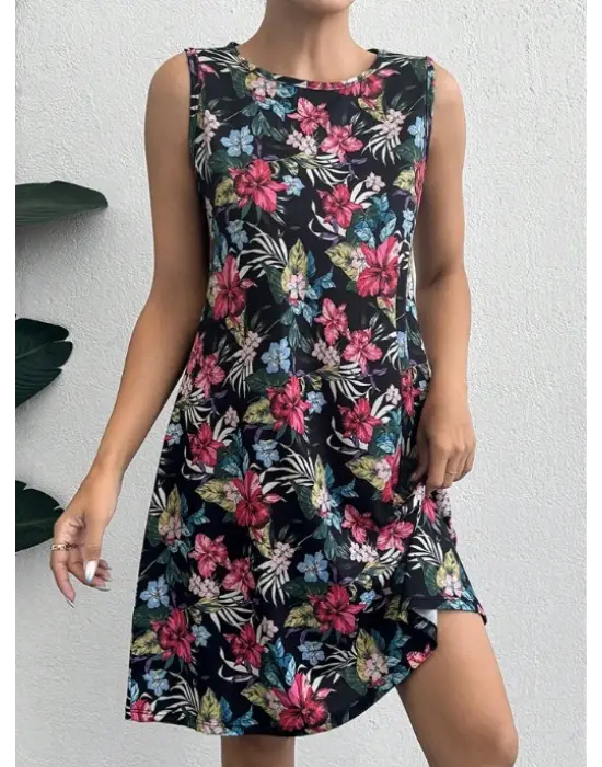 Kadın Renkli çiçek Baskılı Süprem Elbise