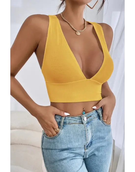 Omarı Sarı Çapraz Sırt Detaylı Crop Top - Trendy Moda Parçası