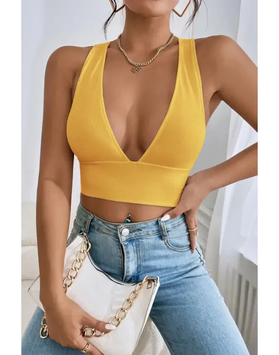 Omarı Sarı Çapraz Sırt Detaylı Crop Top - Trendy Moda Parçası