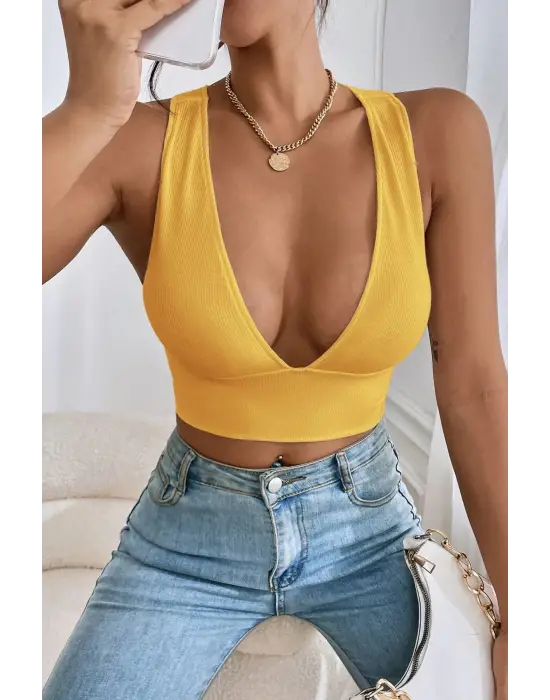 Omarı Sarı Çapraz Sırt Detaylı Crop Top - Trendy Moda Parçası