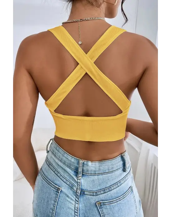 Omarı Sarı Çapraz Sırt Detaylı Crop Top - Trendy Moda Parçası