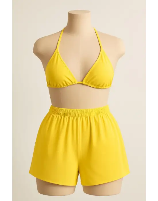 Kadın Sarı Şortlu Belden ve Boyundan Bağlamalı Bikini Takımı