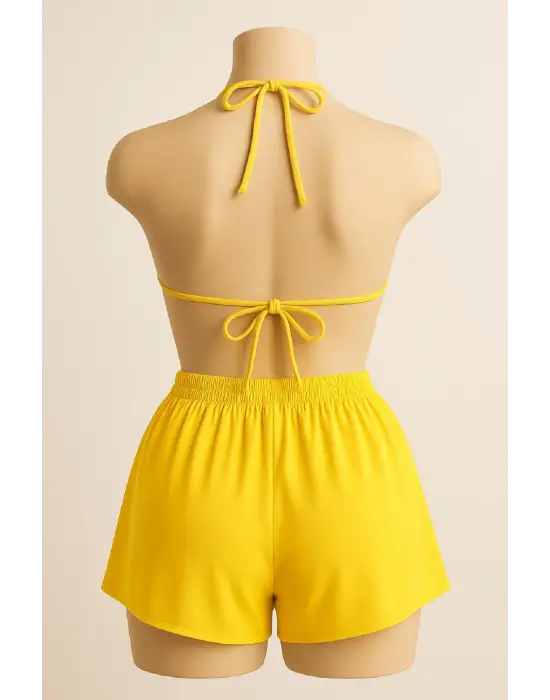 Kadın Sarı Şortlu Belden ve Boyundan Bağlamalı Bikini Takımı