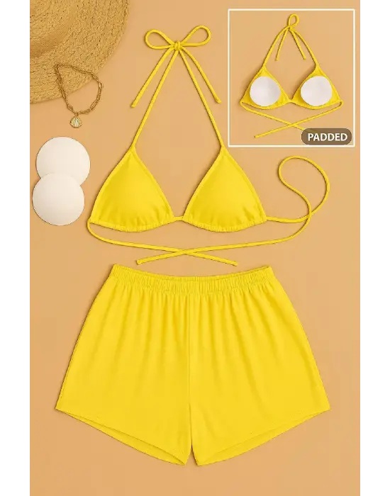 Kadın Sarı Şortlu Belden ve Boyundan Bağlamalı Bikini Takımı