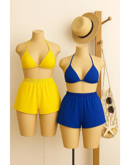 Kadın Sarı ve Mavi Şortlu Belden ve Boyundan Bağlamalı Bikini Takımı