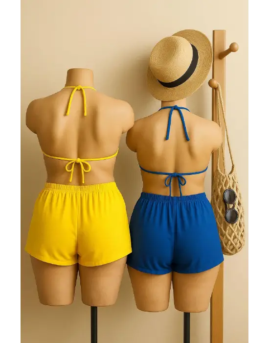 Kadın Sarı ve Mavi Şortlu Belden ve Boyundan Bağlamalı Bikini Takımı