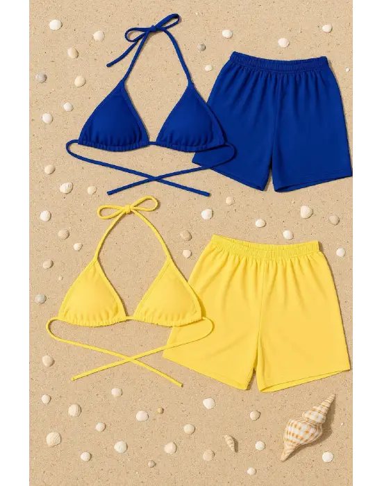 Kadın Sarı ve Mavi Şortlu Belden ve Boyundan Bağlamalı Bikini Takımı