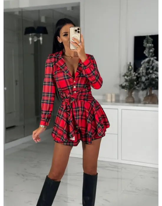 Kadın Scuba Kumaş Ekose Baskı şort Elbise