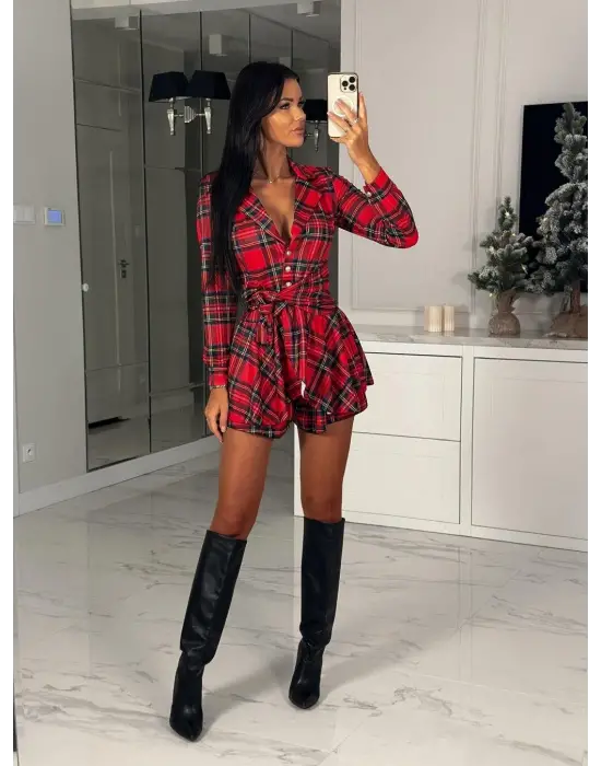 Kadın Scuba Kumaş Ekose Baskı şort Elbise