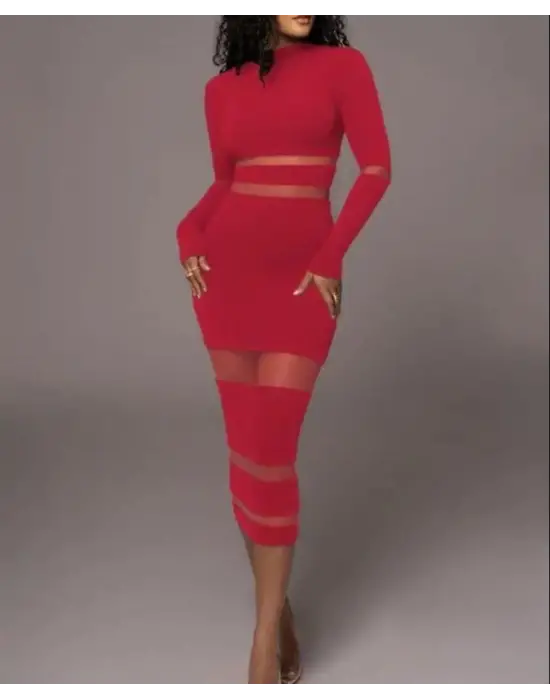 Omarı Şeffaf Detaylı Kadın Midi Boy Elbise