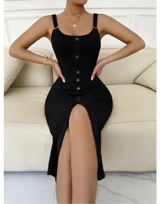 Kadın Sıfır Kol Askı Halka Detay önü Düğmeli Midi Boy Yırtmaçlı Fitilli Kaşkorse Elbise