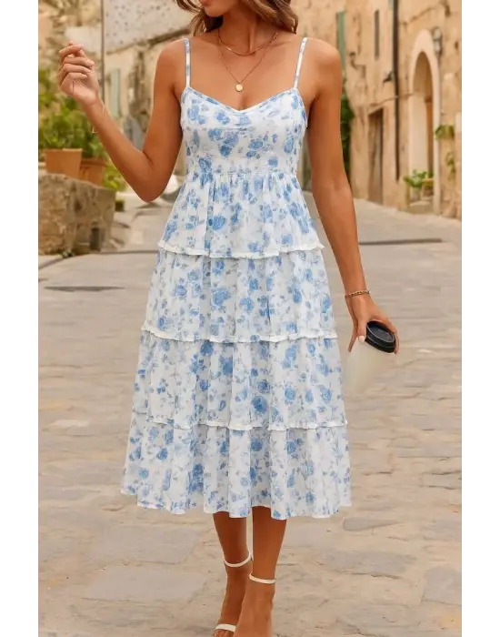 Kadın Sıfır Kol Askılı Dekolteli Yırtmaç Detay çiçek Baskılı Süprem Midi Elbise