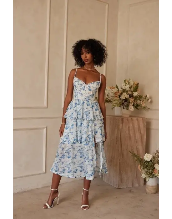 Kadın Sıfır Kol Askılı Dekolteli Yırtmaç Detay çiçek Baskılı Süprem Midi Elbise