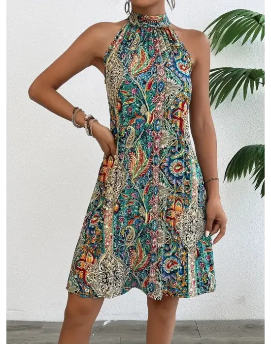 Kadın Sıfır Kol Boyundan Askılı Desenli Midi Süprem Elbise