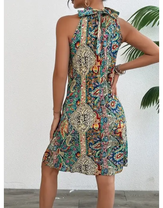 Kadın Sıfır Kol Boyundan Askılı Desenli Midi Süprem Elbise