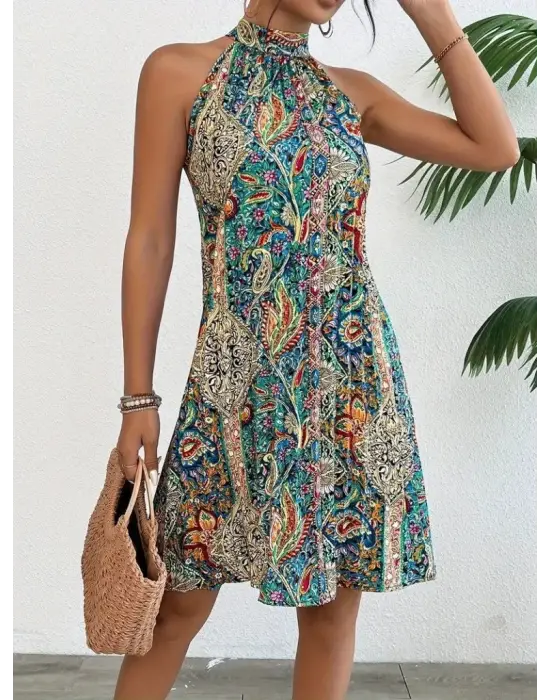 Kadın Sıfır Kol Boyundan Askılı Desenli Midi Süprem Elbise