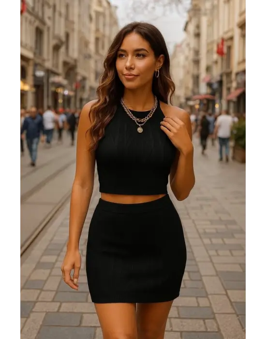 Kadın Sıfır Kol Crop Mini Etek Ikili Triko Takım