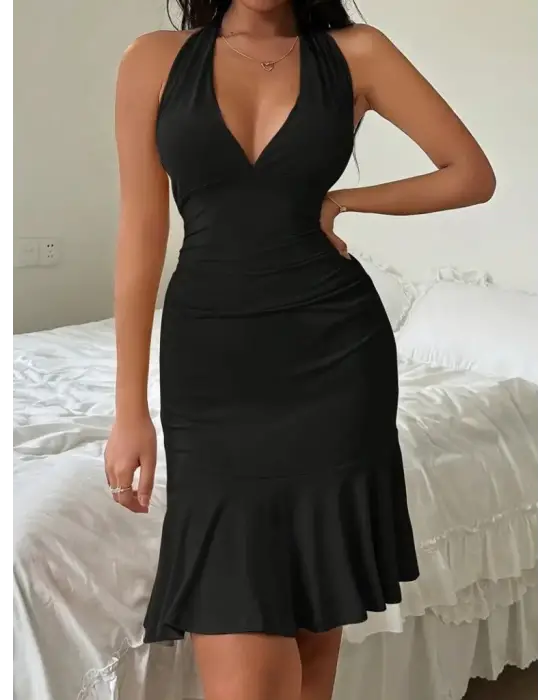 Omarı Derin V Yakalı Bağcıklı Sırt Dekolteli Etek Fırfır Detaylı Elbise