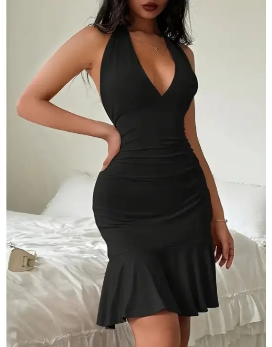 Omarı Derin V Yakalı Bağcıklı Sırt Dekolteli Etek Fırfır Detaylı Elbise