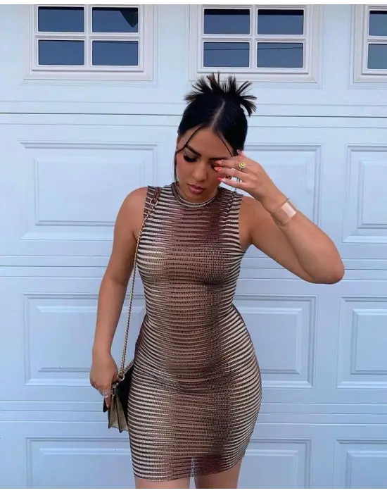 Omarı Desenli Mini Bodycon Elbise