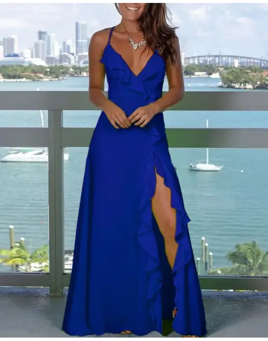 Kadın Sıfır Kol Ip Askılı Dekolteli Yırtmaç Detay Krep Elbise