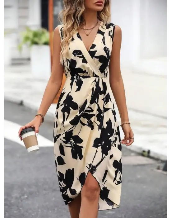 Kadın Sıfır Kol Kruvaze Yaka önden çapraz Kesim Detaylı Desenli Benorraho Süprem Elbise