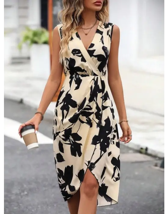 Omarı Desenli Kadın Kruvaze Yaka Elbise