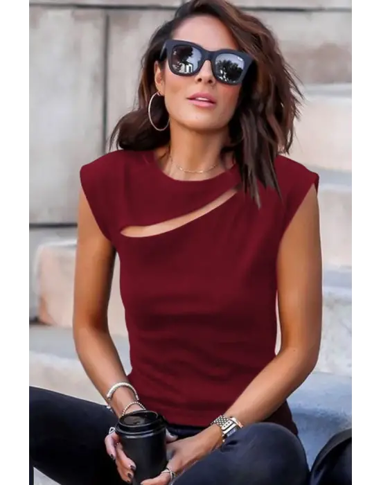 Kadın Sıfır Kol Pencere Detay Viskon T-shirt