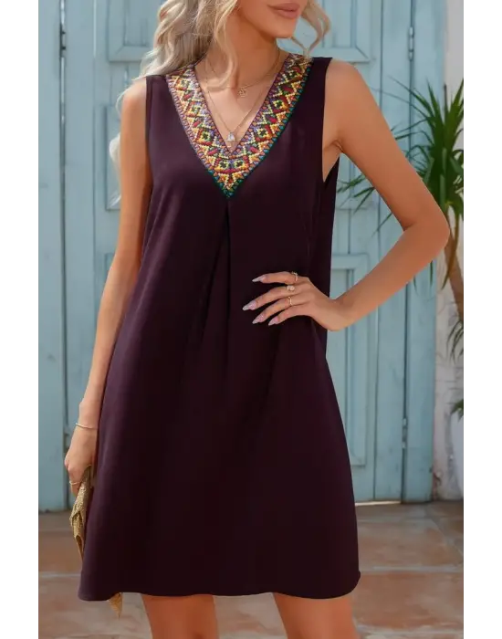 Kadın Sıfır Kol şerit Detaylı V Yaka Viskon Elbise