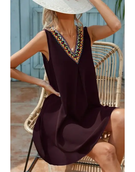 Kadın Sıfır Kol şerit Detaylı V Yaka Viskon Elbise