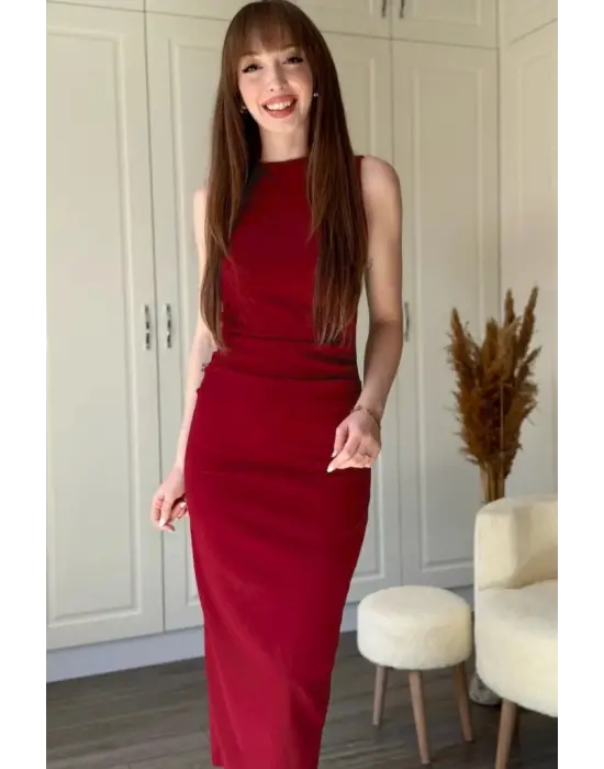 Kadın Sıfır Kol Sıfır Yaka Drape Detaylı Midi Janjan Krep Elbise