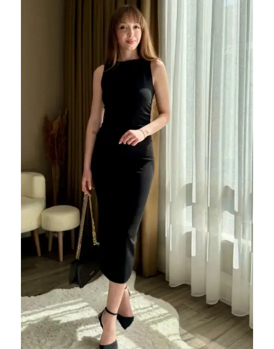 Kadın Sıfır Kol Sıfır Yaka Drape Detaylı Midi Janjan Krep Elbise