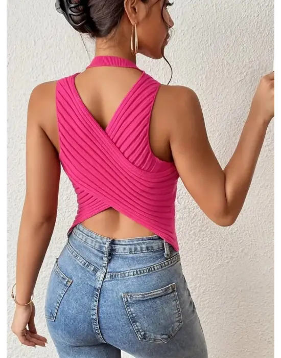 Kadın Sıfır Kol Sırt çapraz Detay Triko Bluz