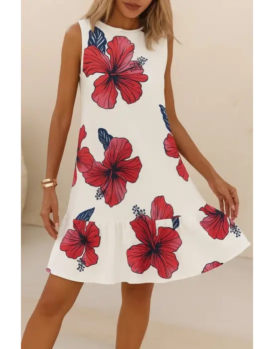 Kadın Sıfır Kol Sırttan Bağlamalı Fırfırlı çiçek Desenli Süprem Elbise