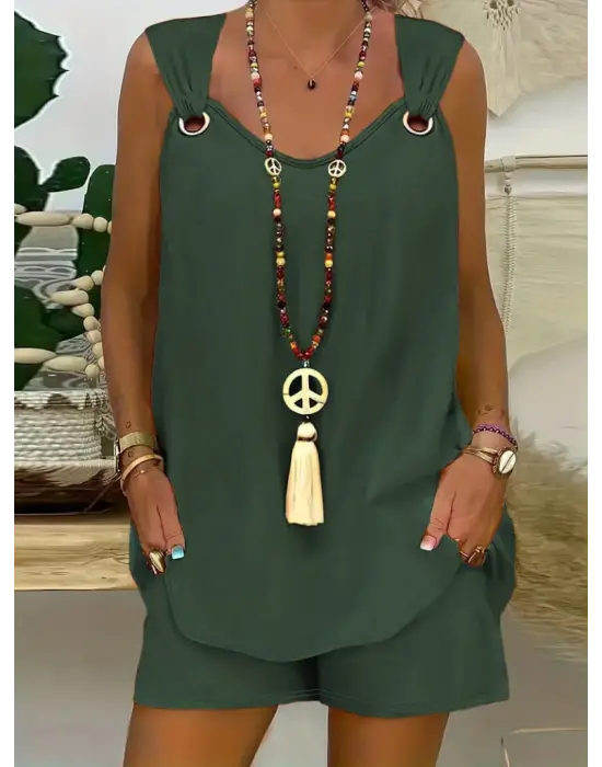 Kadın Sıfır Kol V Yaka Kuş Gözü Detay Bluz Short Aerobin Ikili Takım