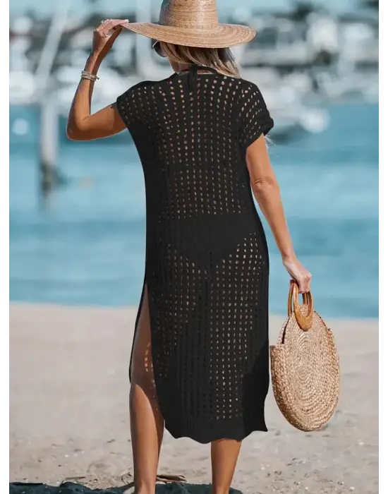 Omarı V Yaka Derin Yırtmaçlı Midi Boy Triko Elbise