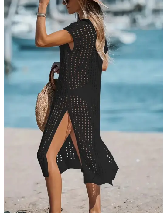 Omarı V Yaka Derin Yırtmaçlı Midi Boy Triko Elbise