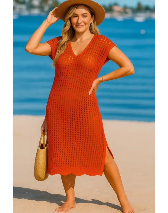 Omarı Şık V Yaka Yanı Derin Yırtmaçlı Midi Boy Triko Elbise