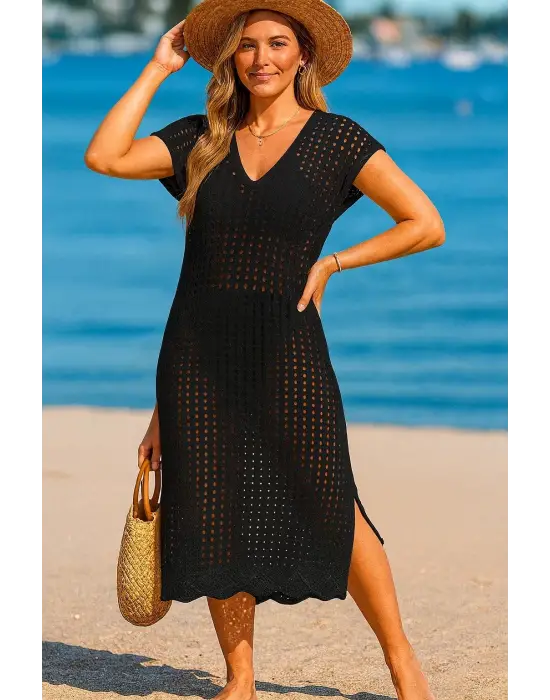 Omarı Derin Yırtmaçlı V Yaka Triko Elbise