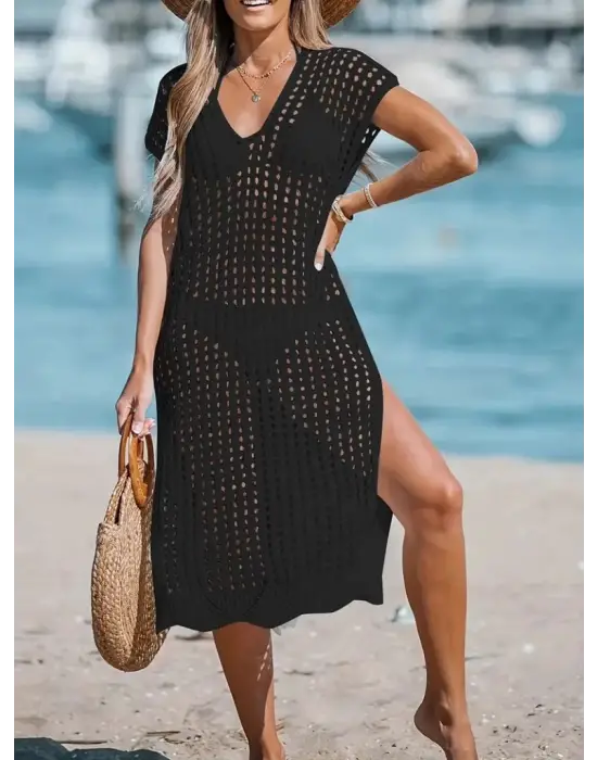 Omarı V Yaka Derin Yırtmaçlı Midi Boy Triko Elbise