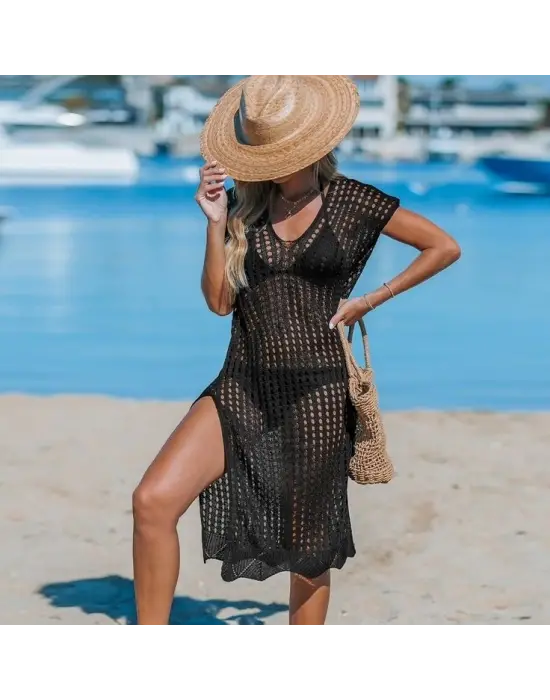 Omarı V Yaka Derin Yırtmaçlı Midi Boy Triko Elbise