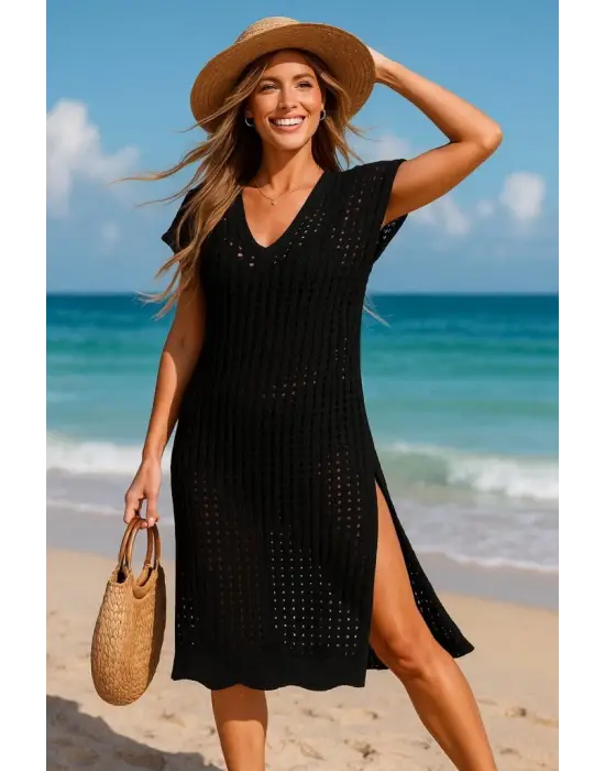 Omarı V Yaka Derin Yırtmaçlı Midi Boy Triko Elbise