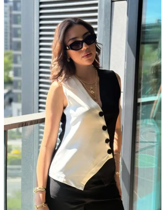 Kadın Sıfır Kol V Yakalı Düğmeli Blok Renkli Atlas Yelek