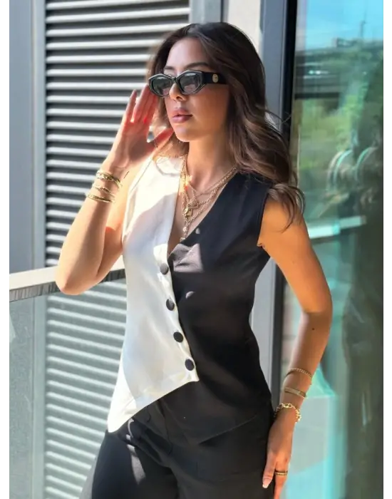 Kadın Sıfır Kol V Yakalı Düğmeli Blok Renkli Atlas Yelek