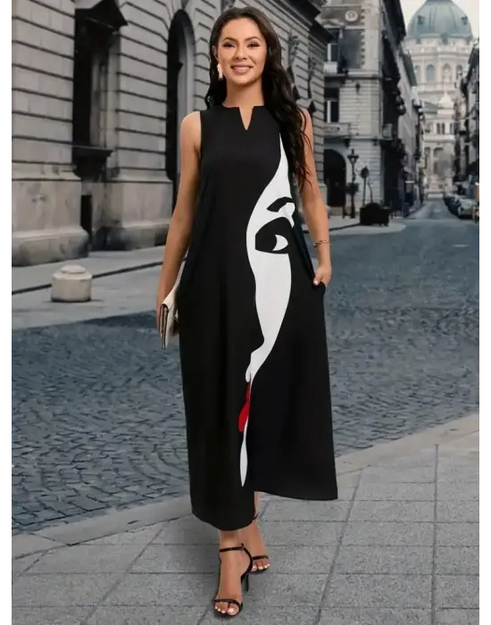 Kadın Sıfır Kol V Yakalı Kadın Yüz Desenli Süprem Elbise