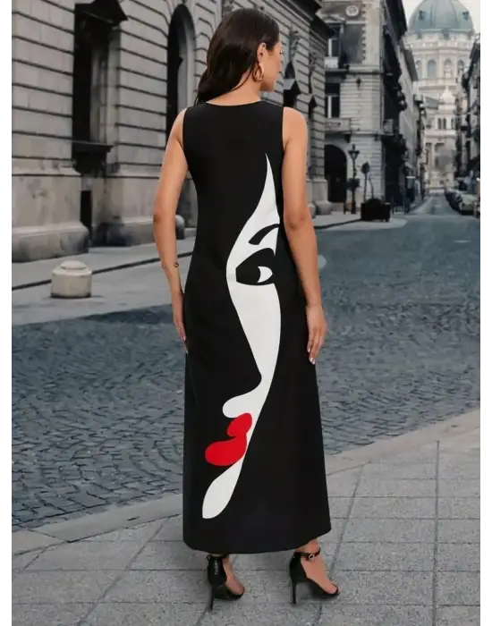 Kadın Sıfır Kol V Yakalı Kadın Yüz Desenli Süprem Elbise