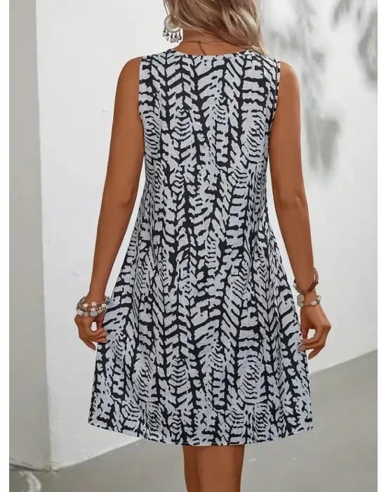 Kadın Sıfır Kol Yakadan Halka Detaylı Desenli Kısa Bürümcük Elbise