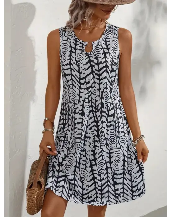 Kadın Sıfır Kol Yakadan Halka Detaylı Desenli Kısa Bürümcük Elbise