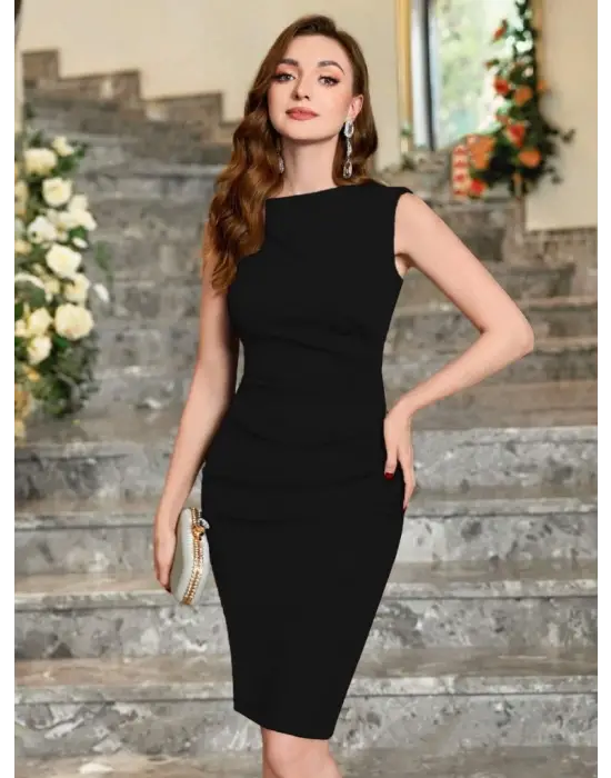 Kadın Sıfır Kol Yanlardan Büzgü Detaylı Ithal Krep Elbise